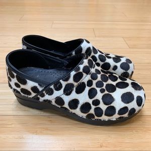 DANSKO calf hair animal dot print clogs, 38.